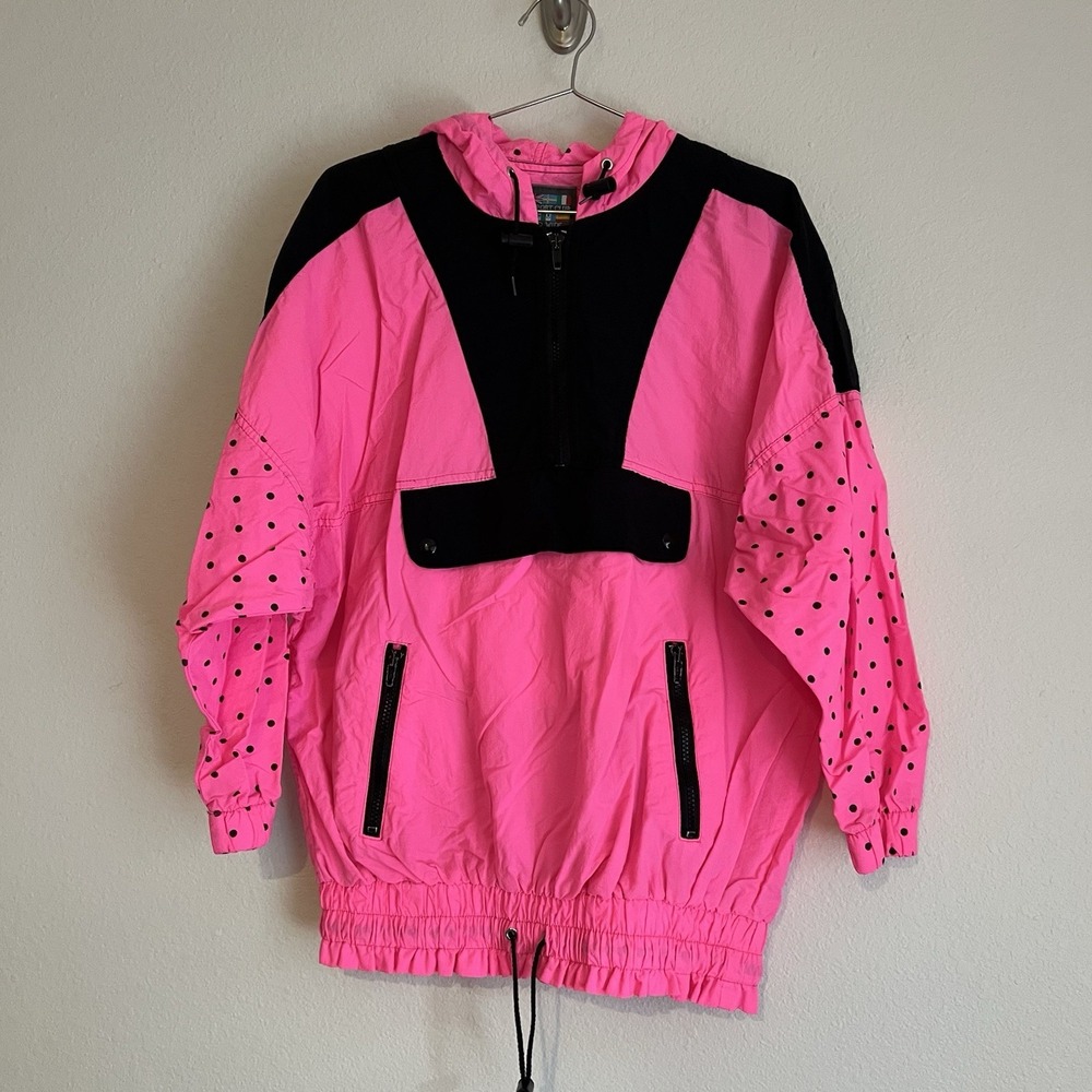 Vintage 90's Paris Sport Club Womens Windbreaker Jacket Neon Pink Black Polkadot